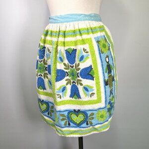 VTG 60s Flower Power Terry Cloth Half Apron Mod Green Tulip Heart Mid Century